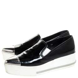 Miu Miu Black Patent Leather Metal Cap Toe Platform Slip On Sneakers Size 39