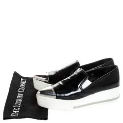 Miu Miu Black Patent Leather Metal Cap Toe Platform Slip On Sneakers Size 39