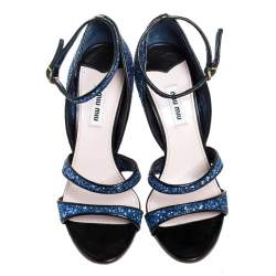مملوكة مسبقًا Miu Miu Metallic Blue Coarse Glitter Ankle Strap Sandals Size 38.5