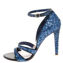 مملوكة مسبقًا Miu Miu Metallic Blue Coarse Glitter Ankle Strap Sandals Size 38.5