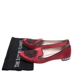 Miu Miu Red Satin Embroidered Crystal Studded Smoking Slippers Size 38.5