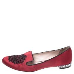 Miu Miu Red Satin Embroidered Crystal Studded Smoking Slippers Size 38.5