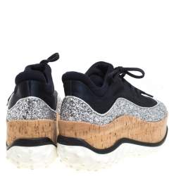 Miu Miu Dark Blue Satin And Coarse Glitter Leather Platform Lace Up Sneakers Size 39
