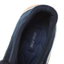 Miu Miu Dark Blue Satin And Coarse Glitter Leather Platform Lace Up Sneakers Size 39