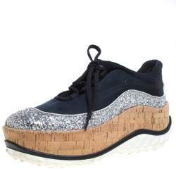 Miu Miu Dark Blue Satin And Coarse Glitter Leather Platform Lace Up Sneakers Size 39