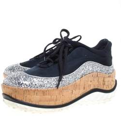 Miu Miu Dark Blue Satin And Coarse Glitter Leather Platform Lace Up Sneakers Size 39