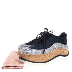 Miu Miu Dark Blue Satin And Coarse Glitter Leather Platform Lace Up Sneakers Size 39