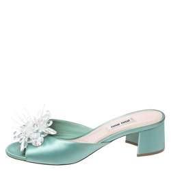 Pre Owned Miu Miu Pista Green Satin Crystal Embellished Slide Mules Size 38