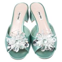 Pre Owned Miu Miu Pista Green Satin Crystal Embellished Slide Mules Size 38