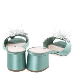 Pre Owned Miu Miu Pista Green Satin Crystal Embellished Slide Mules Size 38