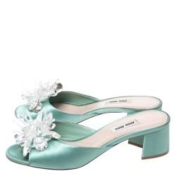 Pre Owned Miu Miu Pista Green Satin Crystal Embellished Slide Mules Size 38