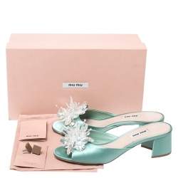 Pre Owned Miu Miu Pista Green Satin Crystal Embellished Slide Mules Size 38