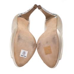 Pre Owned Miu Miu Beige Satin Jewel Embellished Peep Toe Platform Pumps Size 38