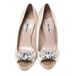 Pre Owned Miu Miu Beige Satin Jewel Embellished Peep Toe Platform Pumps Size 38