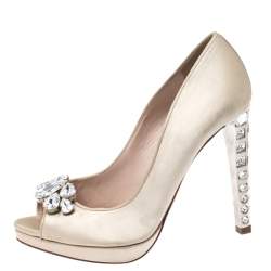 Miu Miu Beige Satin Jewel Embellished Peep Toe Platform Pumps Size 38