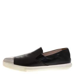 Pre Owned Miu Miu Black Leather Metal Cap Toe Sneakers Size 38.5