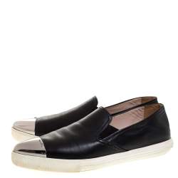 Pre Owned Miu Miu Black Leather Metal Cap Toe Sneakers Size 38.5