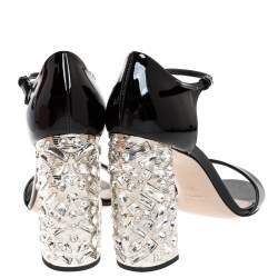 Pre Owned صندل ميو ميو سير كاحل  كعب مزخرف كريستال جلد لامع أسود مقاس 39.5