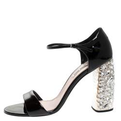 Pre Owned صندل ميو ميو سير كاحل  كعب مزخرف كريستال جلد لامع أسود مقاس 39.5