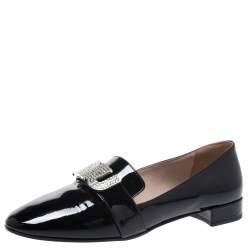 Pre Owned Miu Miu Black Patent Leather Crystal Embellshed Logo Ballet Flats Size 35