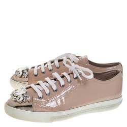 Pre Owned Miu Miu Beige Patent Leather Crystal Embellished Cap Toe Lace Up Sneakers Size 39.5