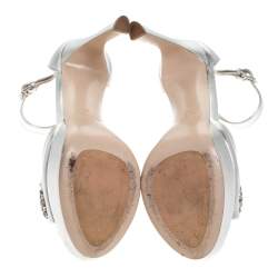 Pre Owned Miu Miu Silver Leather Crystal Embellished Platform Ankle Strap Sandals Size 36