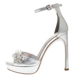 Pre Owned Miu Miu Silver Leather Crystal Embellished Platform Ankle Strap Sandals Size 36
