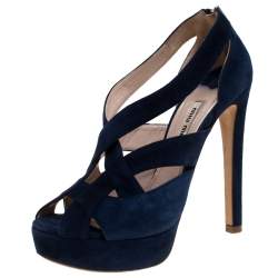 Miu Miu Blue Suede Leather Strappy Platform Sandals Size 36.5