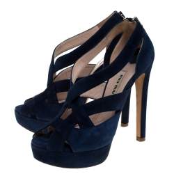 Miu Miu Blue Suede Leather Strappy Platform Sandals Size 36.5