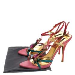 Miu Miu Multicolor Gems Embellished Leather T- Strap Sandals Size 39