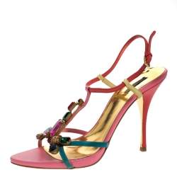 Miu Miu Multicolor Gems Embellished Leather T- Strap Sandals Size 39