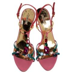 Miu Miu Multicolor Gems Embellished Leather T- Strap Sandals Size 39