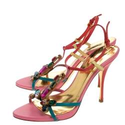 Miu Miu Multicolor Gems Embellished Leather T- Strap Sandals Size 39