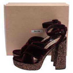 Pre Owned Miu Miu Burgundy Velvet Glitter Platform Ankle Strap Sandals Size 40.5