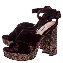 Pre Owned Miu Miu Burgundy Velvet Glitter Platform Ankle Strap Sandals Size 40.5