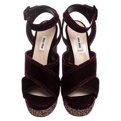 Pre Owned Miu Miu Burgundy Velvet Glitter Platform Ankle Strap Sandals Size 40.5