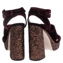 Pre Owned Miu Miu Burgundy Velvet Glitter Platform Ankle Strap Sandals Size 40.5