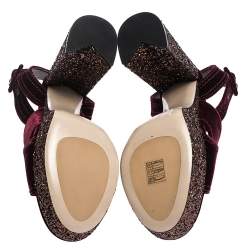 Pre Owned Miu Miu Burgundy Velvet Glitter Platform Ankle Strap Sandals Size 40.5