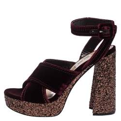 Pre Owned Miu Miu Burgundy Velvet Glitter Platform Ankle Strap Sandals Size 40.5