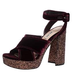 Pre Owned Miu Miu Burgundy Velvet Glitter Platform Ankle Strap Sandals Size 40.5