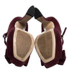 Pre Owned Miu Miu Burgundy Suede Leather Mary Jane Bow Peep Toe Platform Pumps Size 38