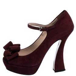 Pre Owned Miu Miu Burgundy Suede Leather Mary Jane Bow Peep Toe Platform Pumps Size 38