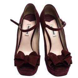 Pre Owned Miu Miu Burgundy Suede Leather Mary Jane Bow Peep Toe Platform Pumps Size 38