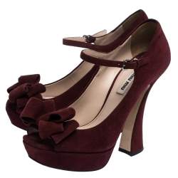 Pre Owned Miu Miu Burgundy Suede Leather Mary Jane Bow Peep Toe Platform Pumps Size 38
