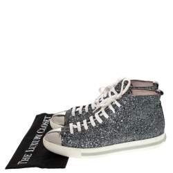 Pre Owned Miu Miu Metallic Silver Glitter And Metal Cap Toe Low Top Sneakers Size 41