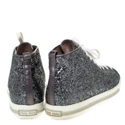 Pre Owned Miu Miu Metallic Silver Glitter And Metal Cap Toe Low Top Sneakers Size 41
