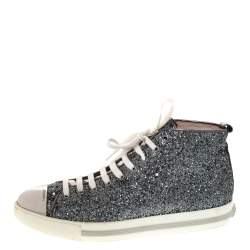 Pre Owned Miu Miu Metallic Silver Glitter And Metal Cap Toe Low Top Sneakers Size 41