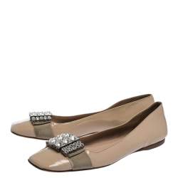 Miu Miu Beige Crystal Embellished Patent Leather Square Toe Ballet Flats Size 38