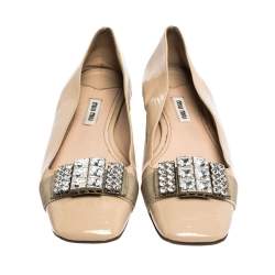 Miu Miu Beige Crystal Embellished Patent Leather Square Toe Ballet Flats Size 38