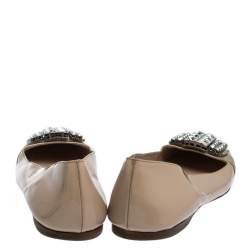 Miu Miu Beige Crystal Embellished Patent Leather Square Toe Ballet Flats Size 38